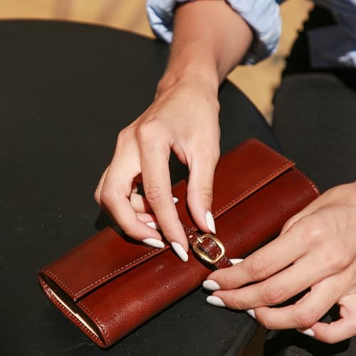 Image of Time Resistance Leather Jewelry Roll - Full Grain Leather Travel Jewelry Case - Jewellery Organizer Made in Italy (Cognac Brown)