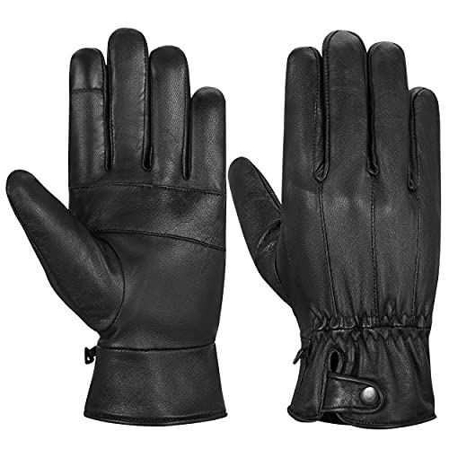 Guantes de cuero genuino para hombre color negro con forro cálido de invierno