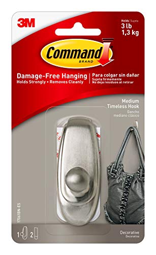 Command Medium Timeless Hook, Brushed Nickel, 1-Hook, 2-Strips, Decorate Damage-Free