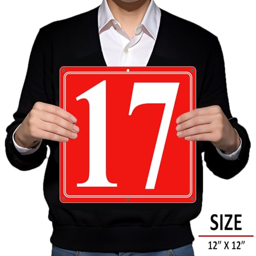 Image of Premium Aluminum Number Signs 17, Metal 12 inch X 12 inch Red Numbered Signs Outdoor for Parking Lots, Floor, Dock, Court, Aisle, Field, High Visibility, No Fade, Weather-resistant
