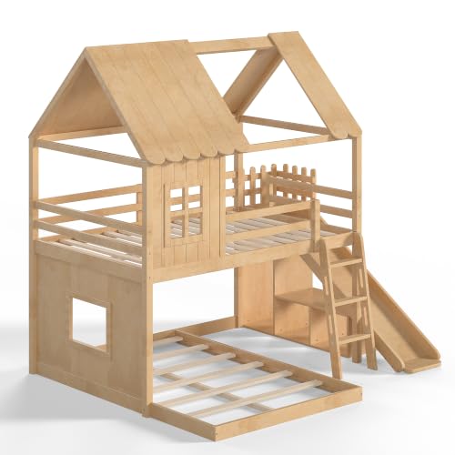 Image of Bellemave Bunk beds Full Over Full with Slide,Ladders,Bookshelf and Wardrobe House roof Design, Low bunk /loft Bed for Kids, Natural