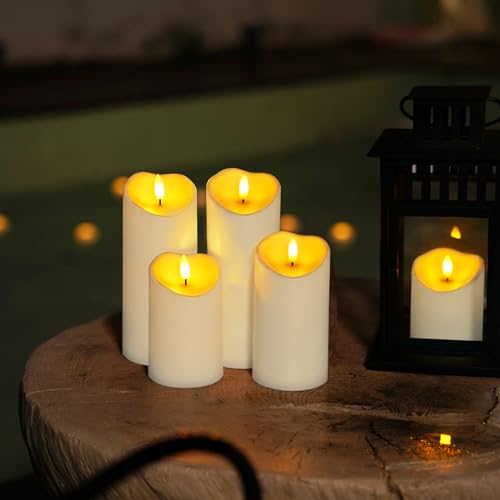 Image of Homemory Outdoor Waterproof Flameless Candles, LED Candles, Battery Operated Candles with Remote and Timers, Electric Fake Plastic Pillar Candles, Ivory White, D3 H4 5 inch 6 inch 8 inch 8 inch, Set of 5