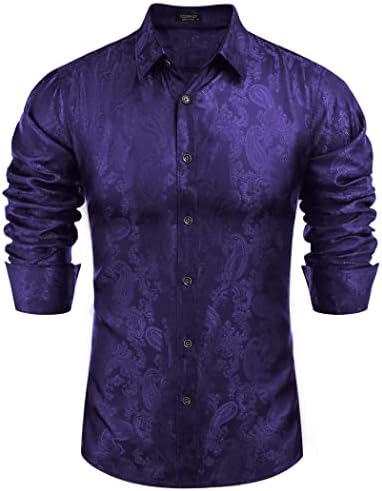 COOFANDY Mens Floral Rose Printed Long Sleeve Dress Shirts Prom Wedding Party Button Down Shirts (Purple)