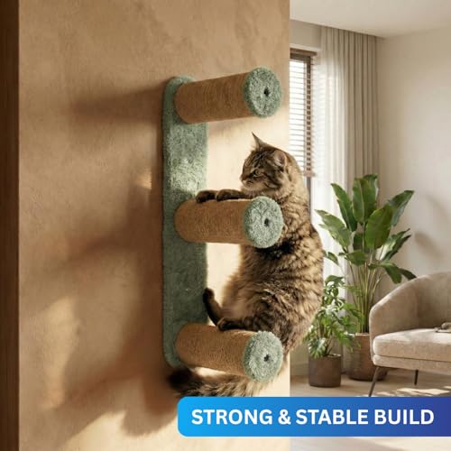 Image of Wall-Mounted Cat Scratching Post, Sisal Rope with Plush Mice Toys, Grey and Natural, Interactive Play (24X6 INCH) (FURR-157) (Green)