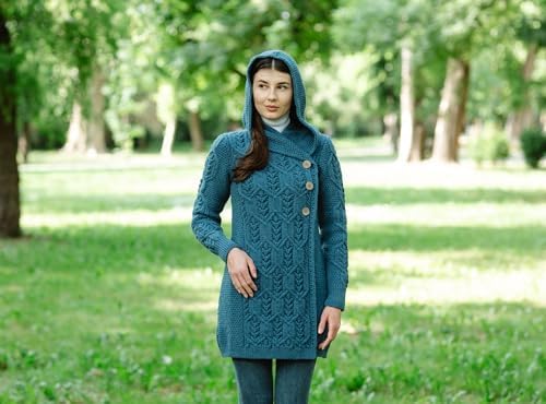 SAOL 100% Merino Wool Women Cardigan Butonned with Hood Aran Leaf Coat Made in Ireland - Image 2