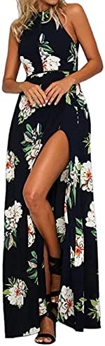 ZESICA Women's Halter Neck Floral Print Backless Split Beach Party Maxi Dress, Dark Blue, Small