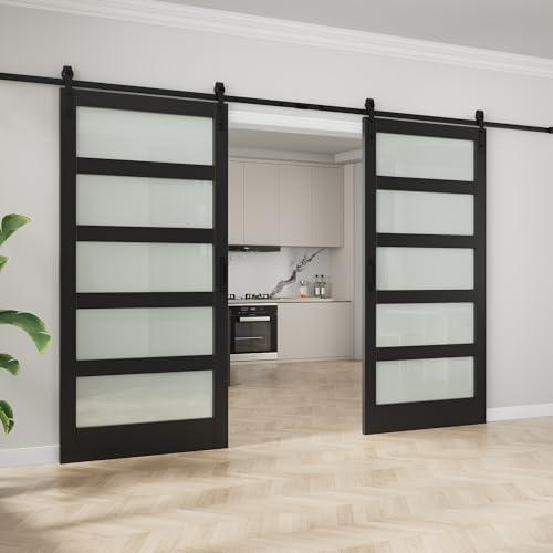 Image of 84 inchx84 inch Frosted Glass Barn Door with 14FT Sliding Hardware & Handle, Black