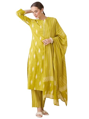 Image of INDO ERA Women's Pure Cotton Printed Straight Kurta & Pant With Dupatta Set