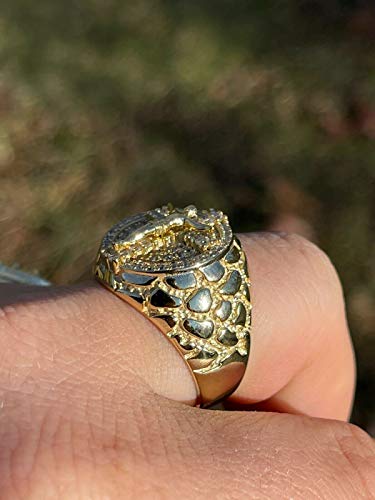 Men's Hip Hop Ring - Solid 925 Sterling Silver 14k Gold Finish - Fully Iced Mens Ring - Jesus On Cross Christian W. Nugget Design2