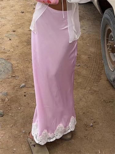 Women Elegant Pink Lace Casual Low Waisted Patchwork Skirts Streetwear Straight Ankle-Length Skirt3