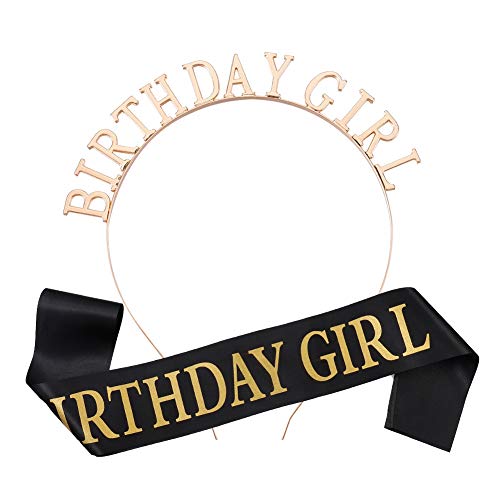 Heyu-Lotus Decoration Anniversaire"Birthday Girl" Diadème Bandeau en Satin Doré Ceinture Echarpe Anniversaire Fille pour les Fournitures de Décorations de Fête Cover