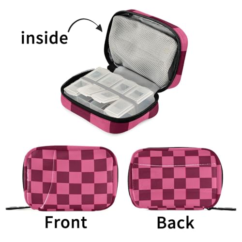 Image of Checkered Hot Pink Cute Pill Organizer Weekly Travel Pill Box 7 Day Large Capacity Pill Dispenser Case with 8 Pill Container Daily Pill Box Organizer Vitamin Holder Pill Bot