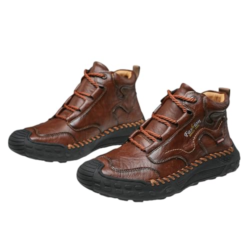 Vintage Hiking Boots Men Waterproof Leather Slip on Walking Shoes Tactical Ankle Boots Comfortable Casual High Top Sneakers Dress Work Shoes Fashion Sneakers Brown