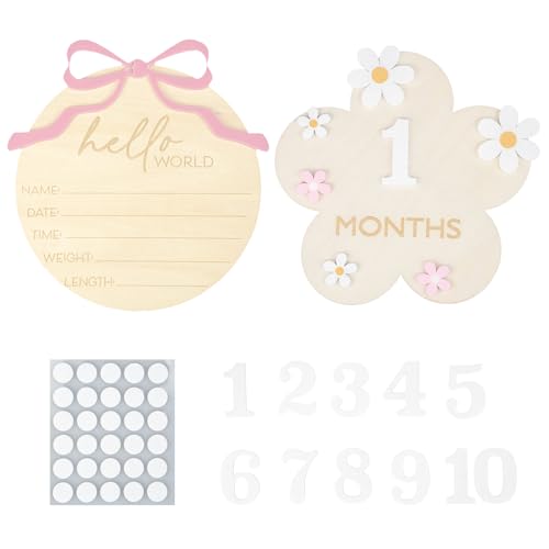 Image of Wooden Baby Announcement Sign & Baby Monthly Milestone Sign Set, Birth Announcement & 1-12 Months Interchangeable Discs for Newborn Girls Photo Props (White Numbers)
