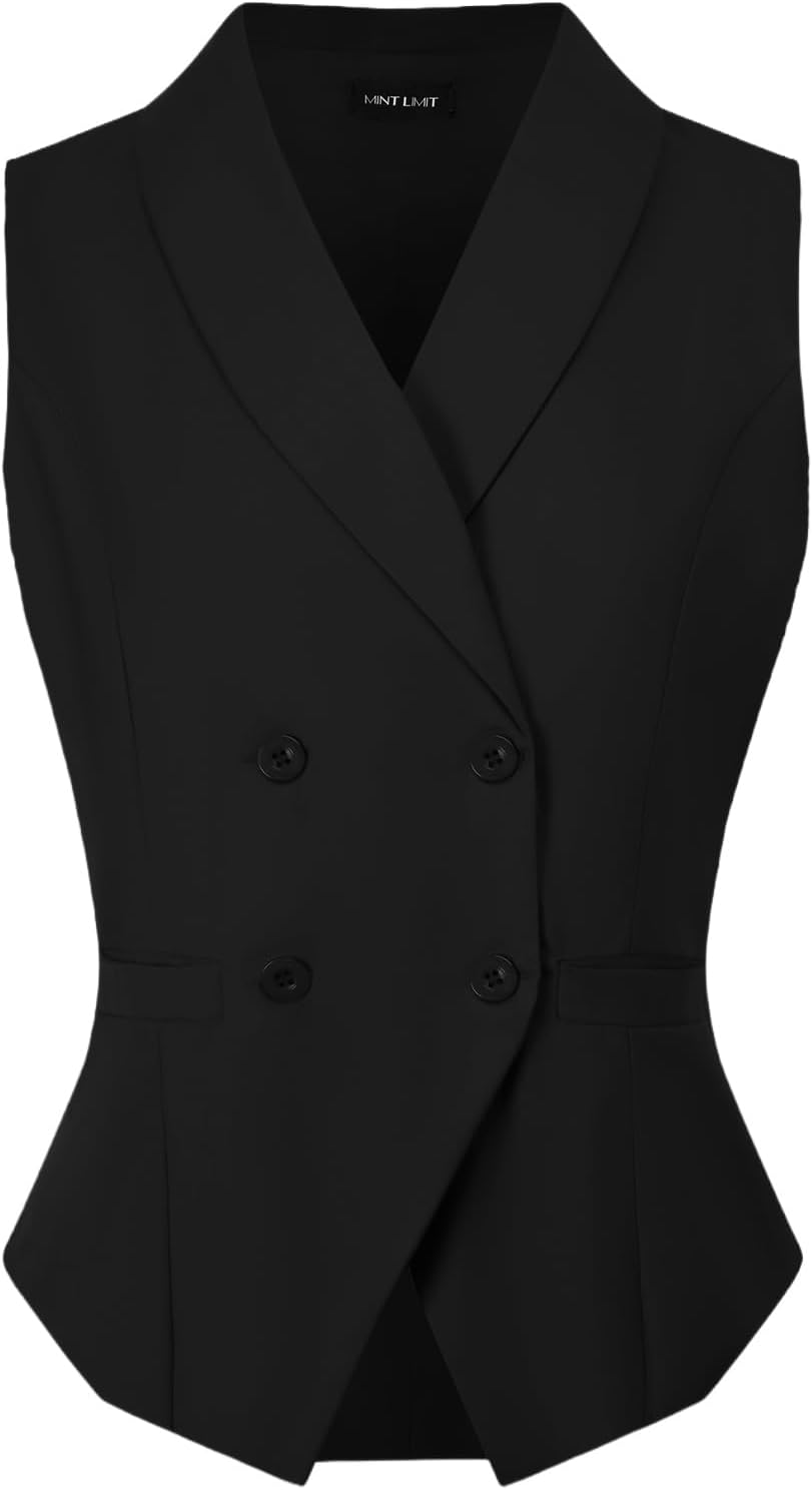 Suit Vests for Women Button Up Christmas Business Casual Dressy Double Breasted Waistcoat Vest Tops with Pockets