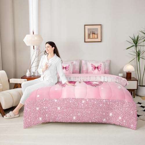 Image of Feelyou Butterfly Comforter Set Twin Size 7 Pieces Dreamy Princess Bedding Set for Kids Boys Girls Glitter Bed in a Bag with Comforter, Sheets, Pillowcases, Cushion Covers Watercolor Butterflies