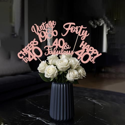 Image of 15 PCS 40th Birthday Centerpiece Sticks Double Sided Forty Happy 40 Vintage 1986 Table Flower Centerpieces Sticks Cheers to 40 Fabulous Floral Decorations for 40th Birthday Party Supplies Rose Gold