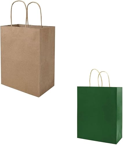 bagmad Cada 100 bolsas de papel de regalo marrón y verde de 8 x 4.75 x 10 pulgadas con asas
