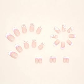 French Tip Press on Nails Medium Square Fake Nails Sweet White Nail Tips Designs Full Cover Square Shape False Nails Nude Acrylic Glue on Nails Medium Length for Women Girls, 24PCS