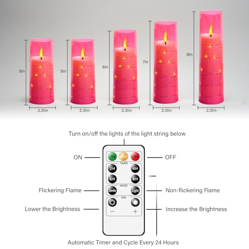 Image of kakoya Flameless LED Candles with Timer 5 Pc Flickering Flameless Candles for Romantic Ambiance and Home Decoration Stable Acrylic Shell,with Embedded Star String,Battery Operated Candles(Pink)