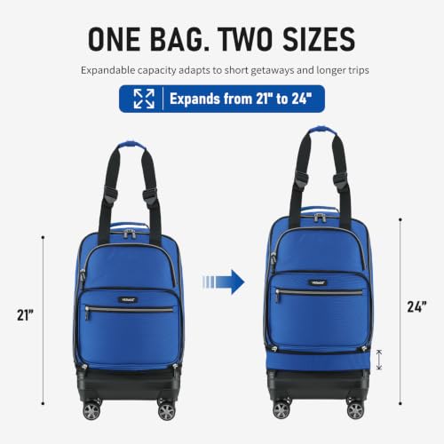 Image of Verage Luxe Expandable Foldable Luggage Bag Collapsible Rolling Travel Bag Lightweight Larger Suitcase with Detachable Spinner Wheels (21 Inch Expands into 24 Inch, Blue)