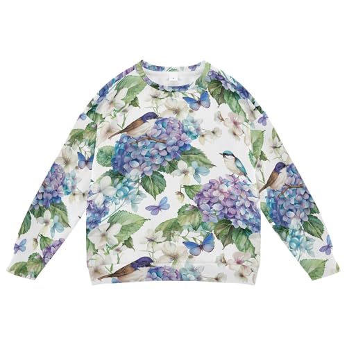 JUNZAN Watercolor Blue Flowers Birds Butterfly Little Kids Hooded Sweatshirt Fleece Sweatshirts for Boys Sports 4T