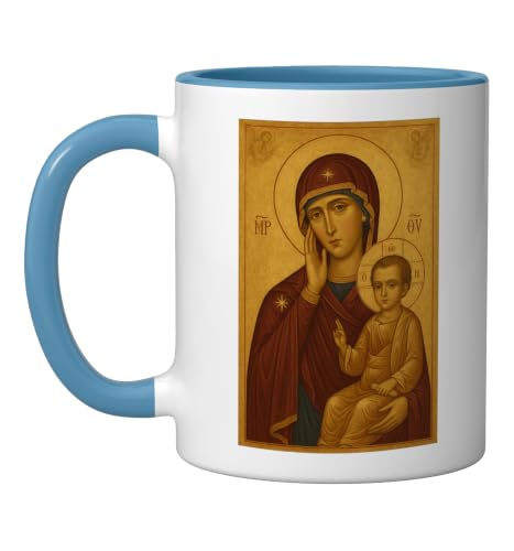 Taza de cerámica Icono Theotokos y Jesús 11 oz azul/blanco miniatura 1