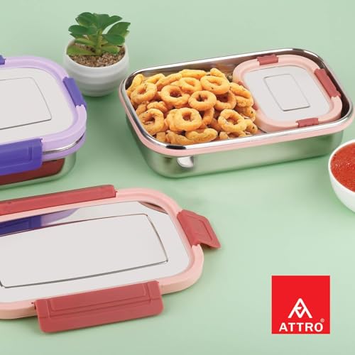 Image of ATTRO Sparkle Big Stainless Steel Lunch Box 2-Piece Set - 900ml + 200ml - Leak-Proof, BPA-Free, Compact & Durable - Ideal for Kids, Office, Travel - Peach