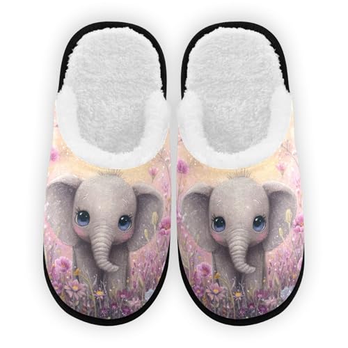 Cute Purple Elephant Flowers Slippers For Women Men Soft Memory Foam Non-Slip Animal Winter Indoor House Shoes Travel Slipper