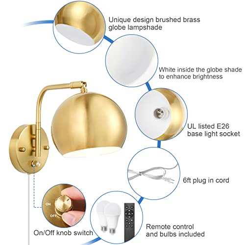 Vatoni Wall Sconce With Remote Control, Plug In Wall Sconces Dimming 0-100% And Adjustable Color Temperature 2700K-6000K, Brushed Brass Globe Swing Arm Wall Lights With Plug In Cord(2 Pack, 2 Bulbs) #TOP3