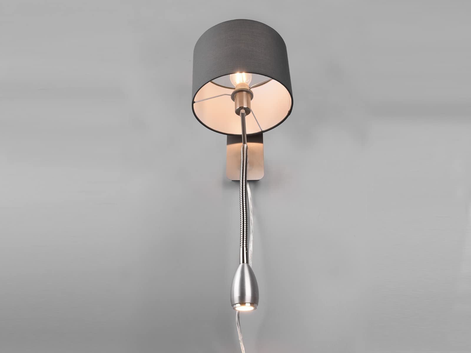 meineWunschleuchte Wandleuchte mit Leselampe, Schalter, Kabel und Stecker, Stoff Lampenschirm Grau, Korpus Metall Silber, Höhe 23,5cm inkl. stufenweise dimmbarem E14 Leuchtmittel