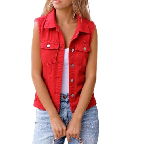 Womens Denim Vest Casual Waistcoat Frayed Sleeveless Jacket Distressed Denim Jean Vest with Chest Pockets