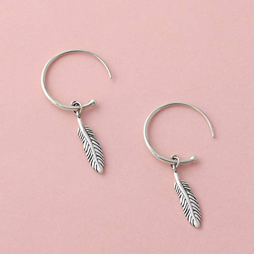 Boma Jewelry Sterling Silver Bohemian Tribal Feather Drop Pull Through Hoop Earrings3