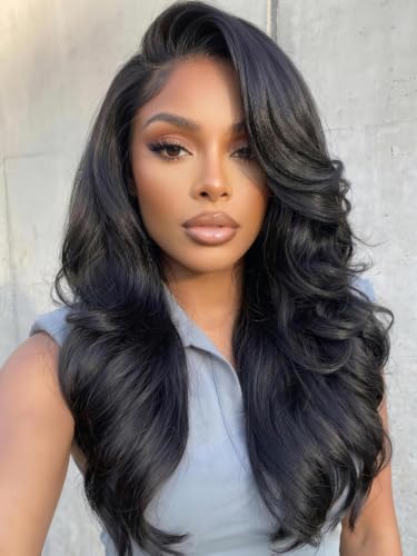 Image of KLAIYI Bye Bye Slip Loose Body Wave Wig Layer Side Part 200% Density 7X5 Pre Cut Lace Front Wigs Human Hair Drawstring Glueless 30S Ready to Wear and Go Beginner Wig Pre Plucked Bleached Knots 12Inch