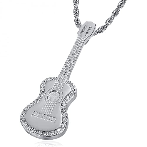 BOBIJOO Jewelry - Pendentif Collier Guitare 6 Cordes Gitan Acier Inoxydable Argent Diamants Chaîne torsadée