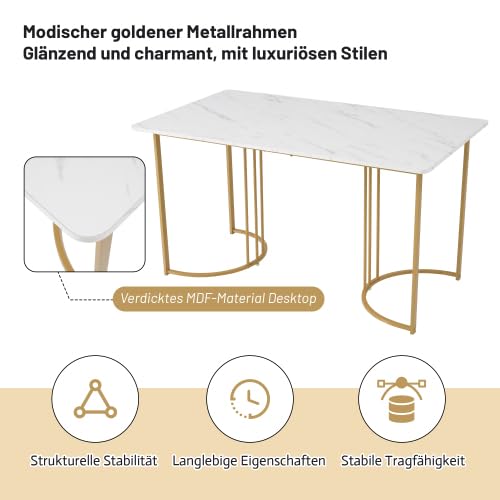 STAPERFO Tavolo da pranzo 140 x 80 cm, effetto marmo, bianco con gambe in metallo dorato regolabili, tavolo da pranzo rettangolare per 6 persone, elegante tavolo da soggiorno in bianco/oro