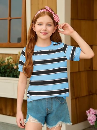 Image of Haloumoning Girls Striped Short Sleeve T Shirts Kids Summer Casual Tops Crewneck Tees Blouses 5-14Y