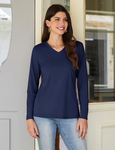 YUCOLEN Womens Long Sleeve Shirts V Neck Cotton T-Shirt Tops Solid Color Casual Breathable Basic Tee Tshirt2