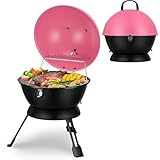 14inch Portable Charcoal Grill with Warming Rack, Small bbq Charcoal Grill Tabletop Foldable Grills for Backyard, Camping, Pink