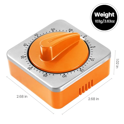 Orange Kitchen Timers for Cooking, Chef Cooking Timer Clock with Loud Alarm,100% Mechanical Desk Timer - No Batteries Required - Magnetic Backing, Exquisite Stainless Steel Body - Countdown Reminder - Image 3