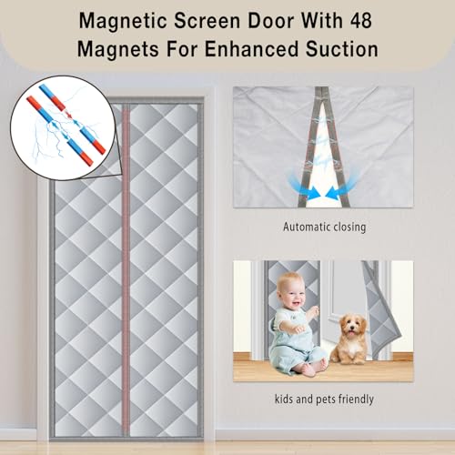 Magnetic Thermal Insulated Door Curtain Fits Door Size 36\" x 80\", Insulated Hands-Free Closing Door Screen for Winter Warm Cold Protection, Weatherproof, Windproof, Soundproof - Thumbnail 3