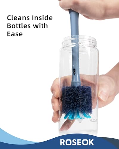 Image of ROSEOK 2 in 1 Bottle Brush with Straw Cleaner Brush, Water Bottle Brush | For Cleaning Glass, Sports Bottle, Coffee Mug, Cup Cleaner, Grayish Blue, 1 Pack