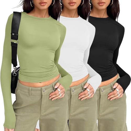 Generic 3Pack Basic Shirts Long Sleeve Women Crop Tops Layering Shirt Slim Fit Comfortable Tops, Small, Green, White, Black