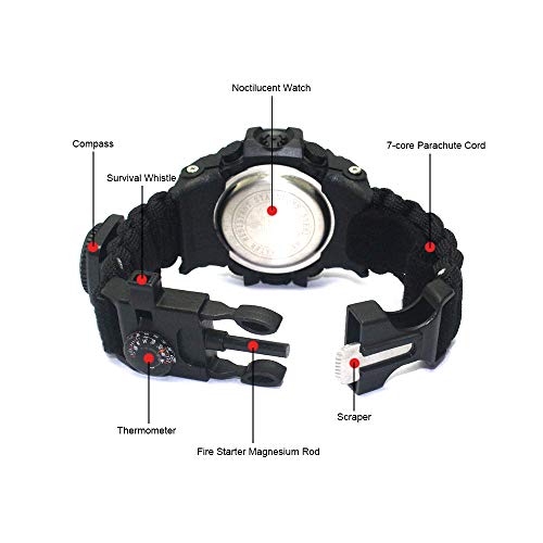 Techong 6 In 1 Outdoor Survival Bracelet Watch, Emergency Sports Waterproof Wristband First Aid Tools With Paracord, Compass, Whistle, Fire Starter, Scraper For Camping & Adventure #TOP2