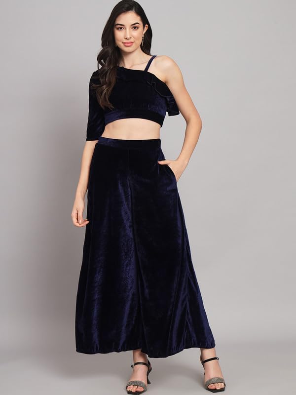 Image of Vaararo Velvet Co-Ords for Women | One Sleeve Crop Top with Palazzo Set Casual Party Dress
