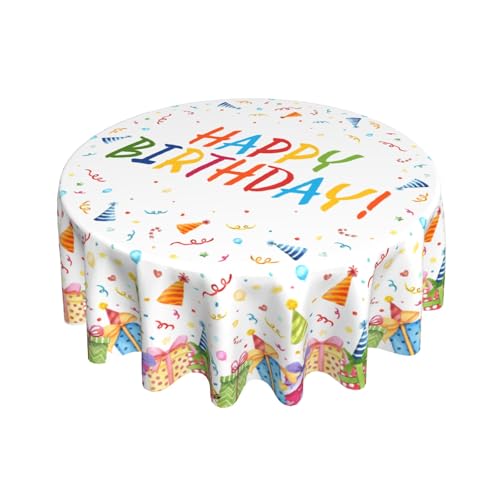 Birthday Tablecloth Round 60 Inch Colorful Gift Box Ribbon Hat Print Happy Birthday Themed Decorative White Table Cloth Seasonal Festive Rustic Farmhouse for Indoor Party Kitchen Dinner Picnic Decor