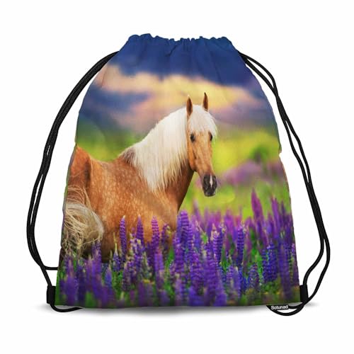 Drawstring Bag Sports Backpack Animal Horse With Long Mane In Lupine Flowers at Sunset Sutiable for Dance Sports Beach Short Travel Stroage 14x16.9 Inch