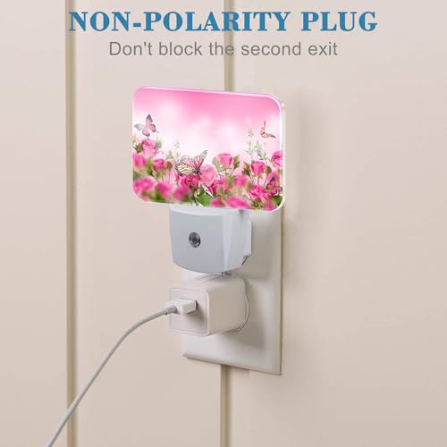 Image of Beautiful Pink Roses Plug in Night Lights, Pink Butterfly Nightlight Plug Into Wall Dusk to Dawn Sensor for Kid Girls Boys Women Men Room, Hallway, Kitchen, Bathroom, Stairs Decor