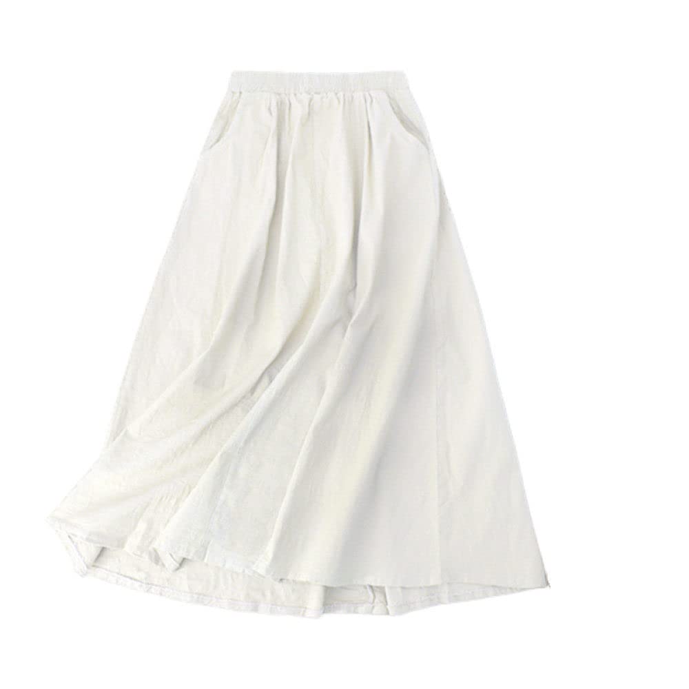 OZEO Röcke,Damen Baumwolle Leinen Midi Rock Weiß Elastisch High Waist Vintage Faltenrock Mit Tasche A-Linie Gerafft Lässig Lange Röcke Für Mädchen Damen Sommer,L