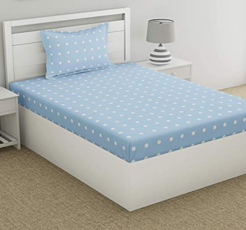Image of Haus & Kinder 100% Cotton Kids Bedsheet for Bed, 1 Bedsheet Cotton (88 x 57 Inches) with 1 Pillow Cover| 186 TC Candy Polka (Blue)